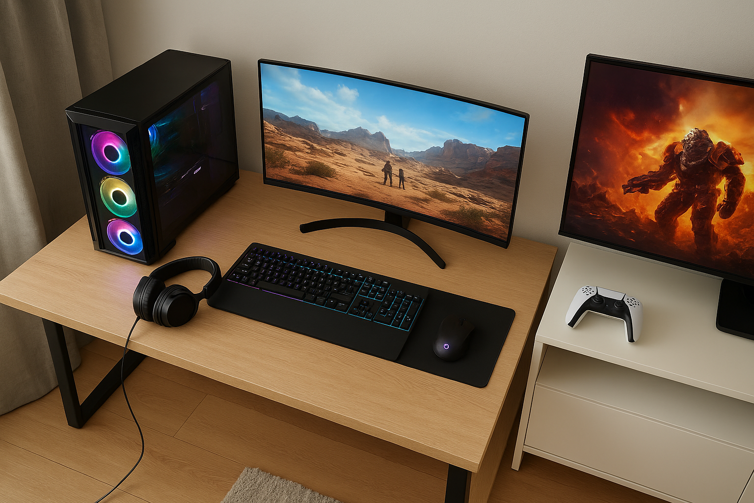 ゲーミングPCのデスクセットアップとPS5が並んで配置されている部屋の俯瞰シーン